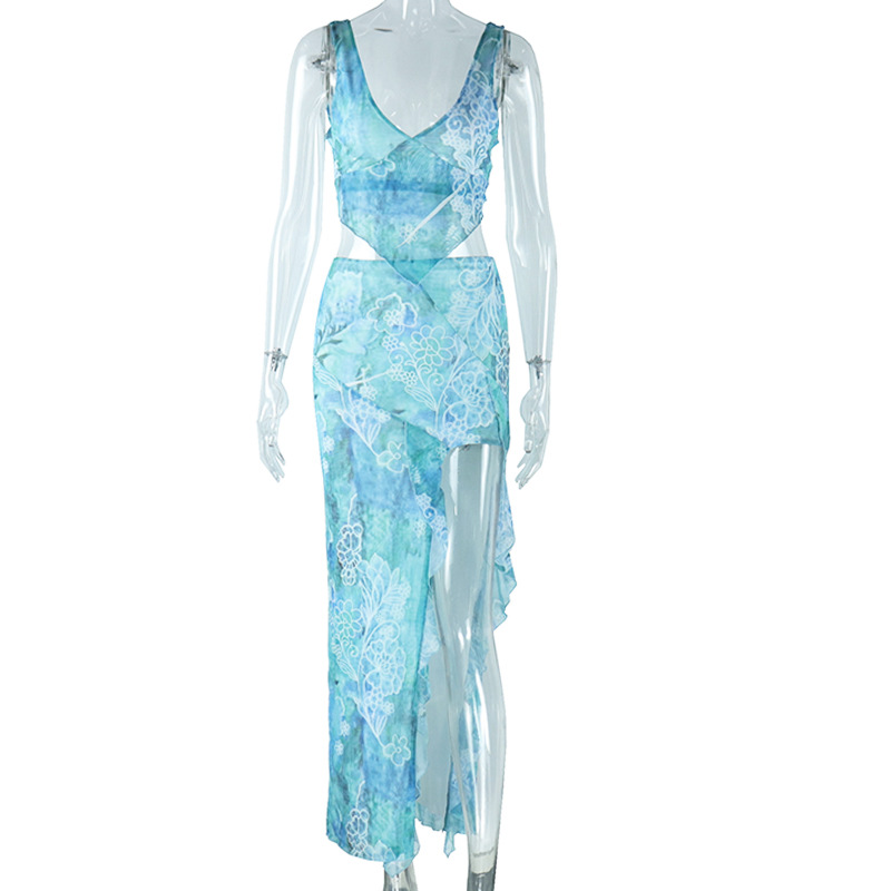 Sexy Sommerurlaub 2-teiliges Set für Damen, bedruckt, unregelmäßiger V-Ausschnitt, Tanktops + Maxi-Split-Röcke, passende Mitternachts-Outfits_voghion.com