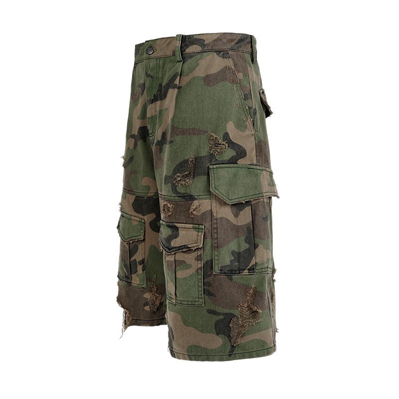 Men's Clothing Stonewashed Washed Distressed Cropped Pants Overalls Loose Wide Leg Shorts_voghion.com