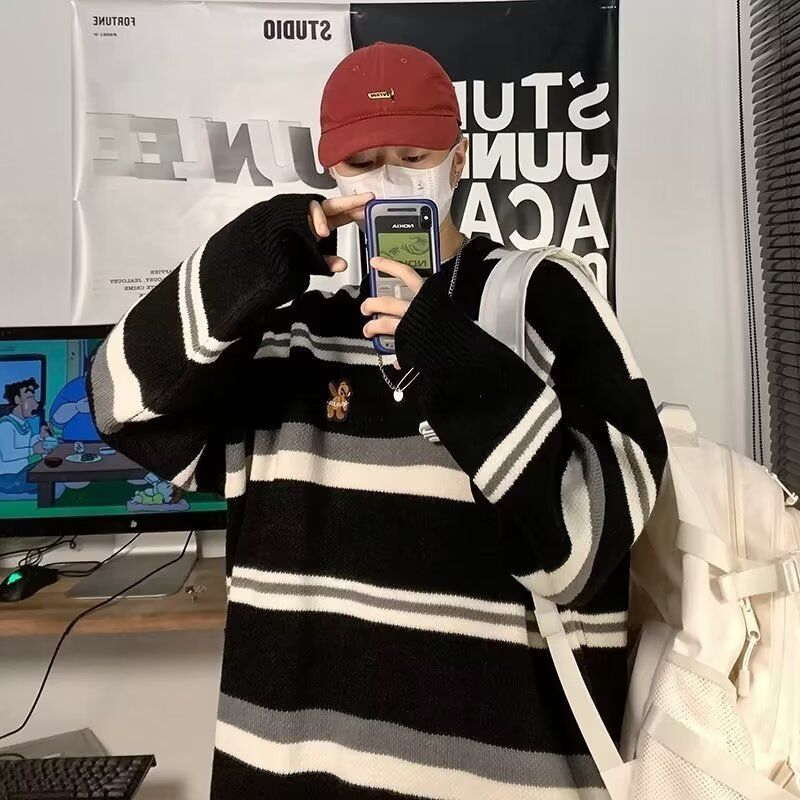 boy Boy Boy Boy Japanese Lazy For Men 2023 Spring And Autumn Striped Knitwear Hong Kong Style Loose Couple Sweater Jacket_voghion.com