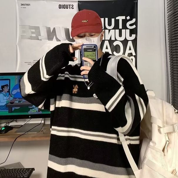 boy Boy Boy Boy Japanese Lazy For Men 2023 Spring And Autumn Striped Knitwear Hong Kong Style Loose Couple Sweater Jacket_voghion.com