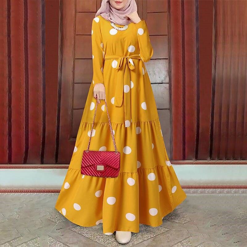 Vestidos de mujer Vestido largo Kaftan con estampado de lunares vintage Ropa musulmana islámica_voghion.com