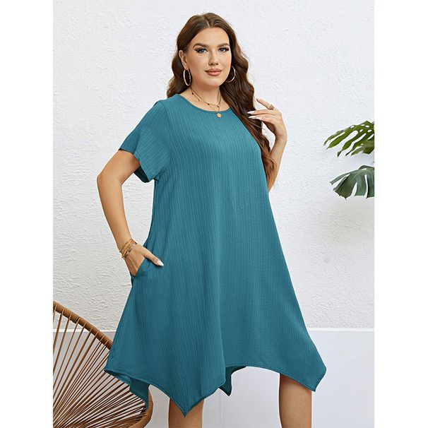Women's simple solid color pullover round neck dress loose large size irregular medium length skirt_voghion.com