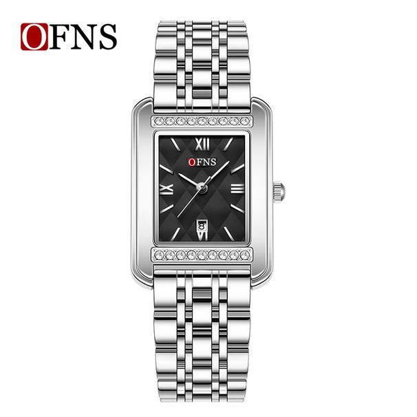 Elegante orologio quadrato da donna: numeri romani e dettagli in cristallo, cinturino in acciaio inossidabile, datario, orologio resistente all'acqua_voghion.com