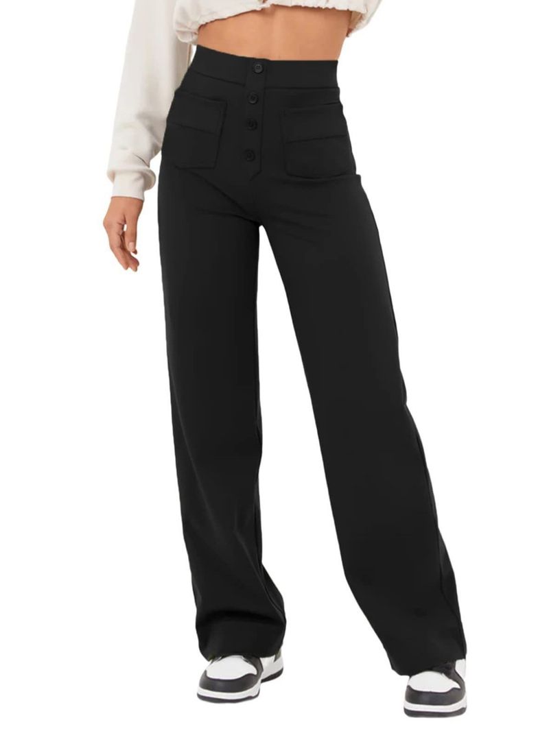 Women's Clothing Casual High Waist High Texture Button Elastic Twill Fabric Multi Pocket Straight Pants_voghion.com