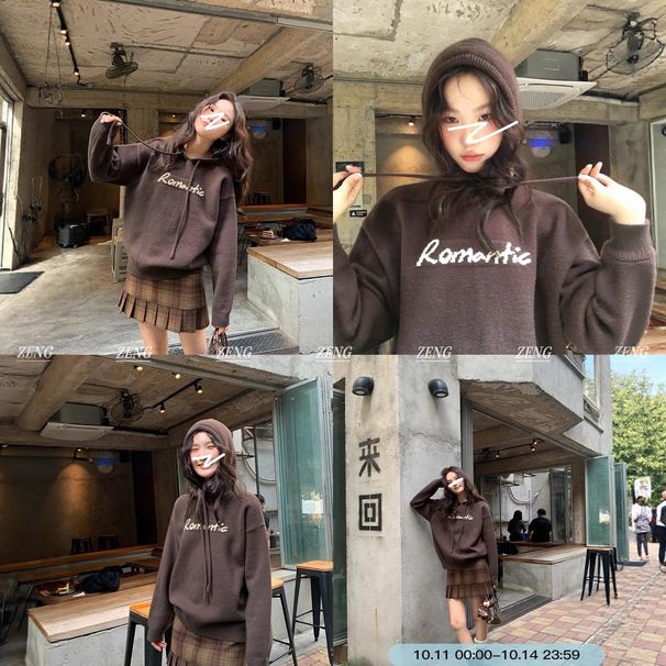 Mädchen 251014-148 Internet-Prominenter gleicher Stil/ Farbblock Englischer Jacquard Kapuzenpullover lockerer Pullover_voghion.com