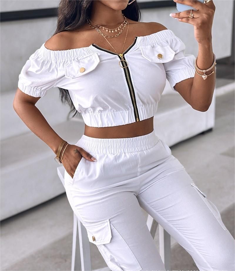 Women's Clothing Solid Color One Shoulder Raglan Short Sleeved Patch Pocket Top Casual Cuffed Trousers Set_voghion.com