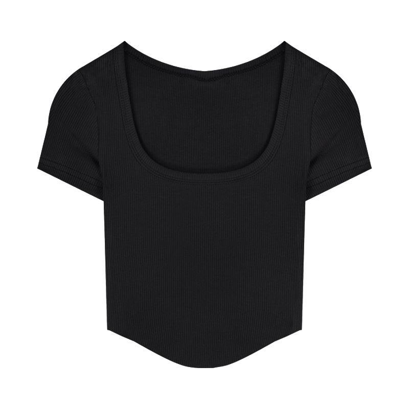 Pit stripe T-shirt women summer new irregular high waist sexy hot girl short tight slim short sleeve top_voghion.com