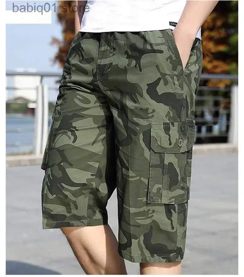 Degli uomini Più Il Formato 6XL Cargo Uomini 2021 Estate Al Ginocchio Multi Tasca Casual Cotone Elastico In Vita Bermuda Pantaloni Mimetici Maschili_voghion.com