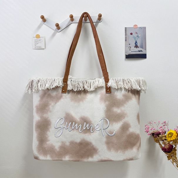 Borsa da spiaggia con nappa ricamata, grande capacità, in tela tie-dye, da donna, con una sola spalla, per l'estate calda_voghion.com