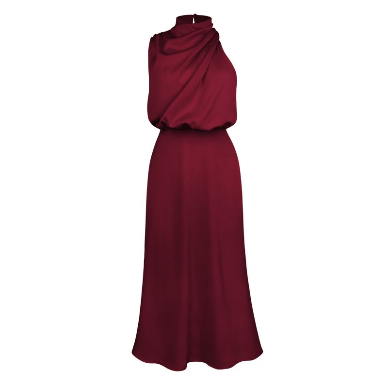 Women's Clothing Hot Wedding Bridesmaid Dress Mid Length Dress Halter Neck Satin Evening Dress_voghion.com