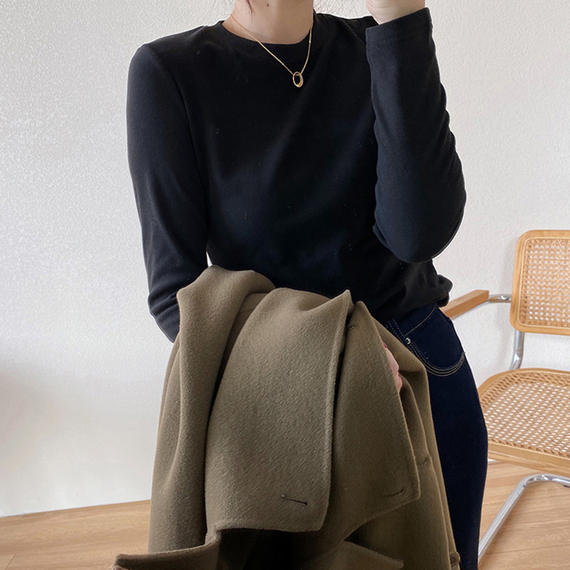 Doppelseitiger deutscher Samtpullover für Damenbekleidung, gepaart mit langärmligen T-Shirts für Herbst und Winter, weißes Damenoberteil mit Rundhalsausschnitt_voghion.com