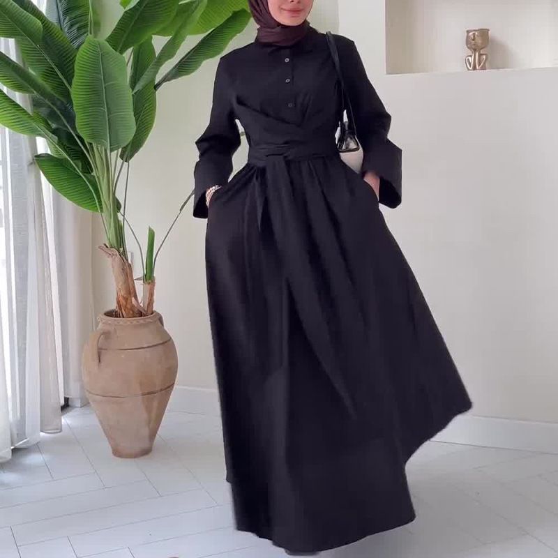 Women's Clothing Autumn Lapel Shirt Dress High Waist Lace Up Slim Commuter Dress_voghion.com