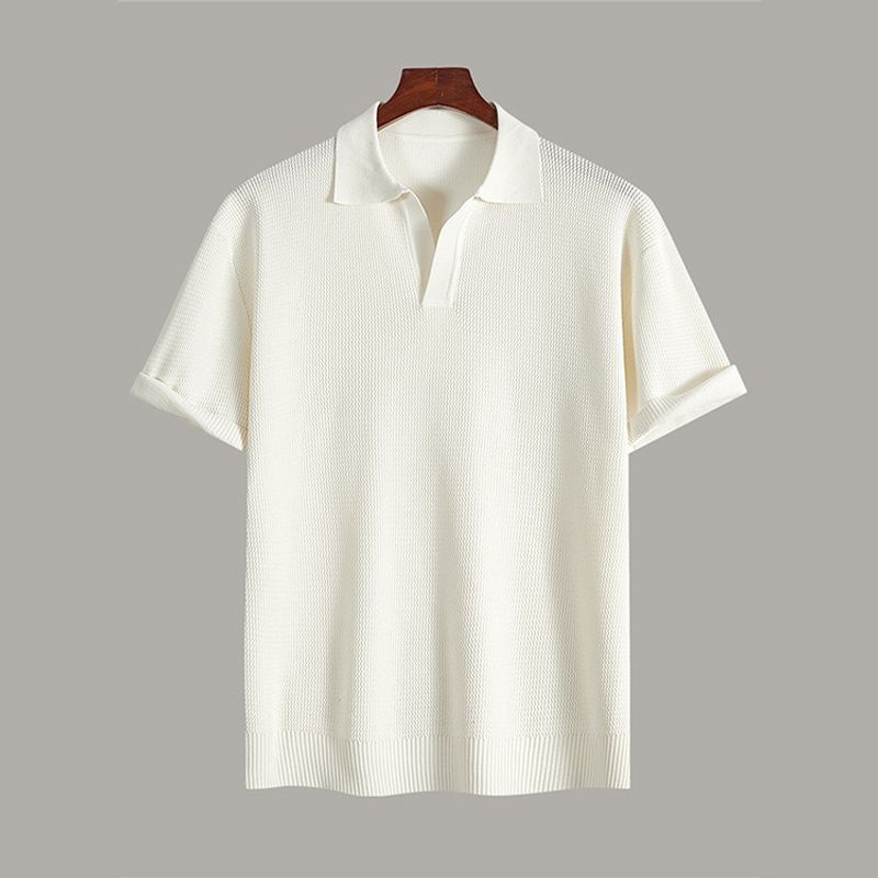 Polo deportivo de manga corta de punto con cuello vuelto, color liso, estilo antiguo, con solapa de gaviota y acanalado perlado para hombre_voghion.com