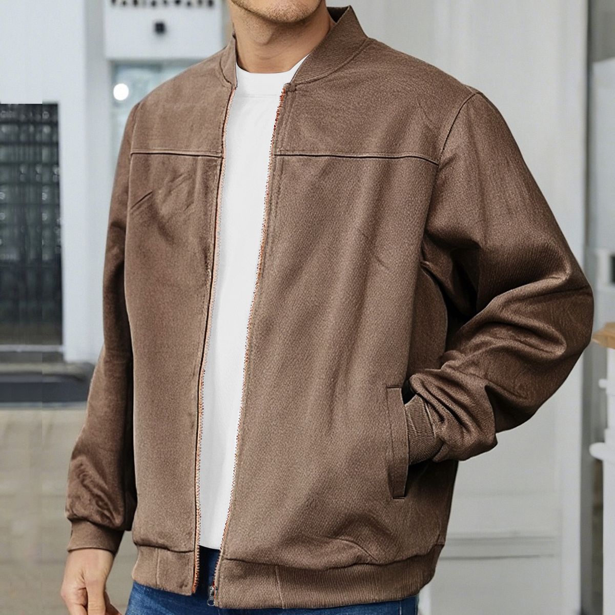 Giacca in pelle scamosciata da uomo, casual, con cerniera, a maniche lunghe, modello cardigan, primavera e autunno_voghion.com