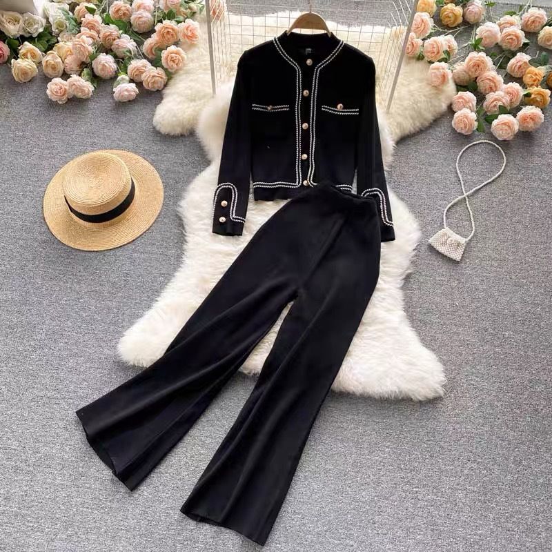 Women's Clothing Fashion suit for women autumn new breasted cardigan, sweater, high waist wide leg pants, knitted two piece suit_voghion.com