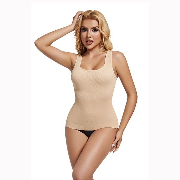"Nahtloses Tanktop mit quadratischem Ausschnitt – Bauchkontrolle und schlankmachende Shapewear (Verlängerte Länge, gerippte Textur, mehrere Farben)"_voghion.com
