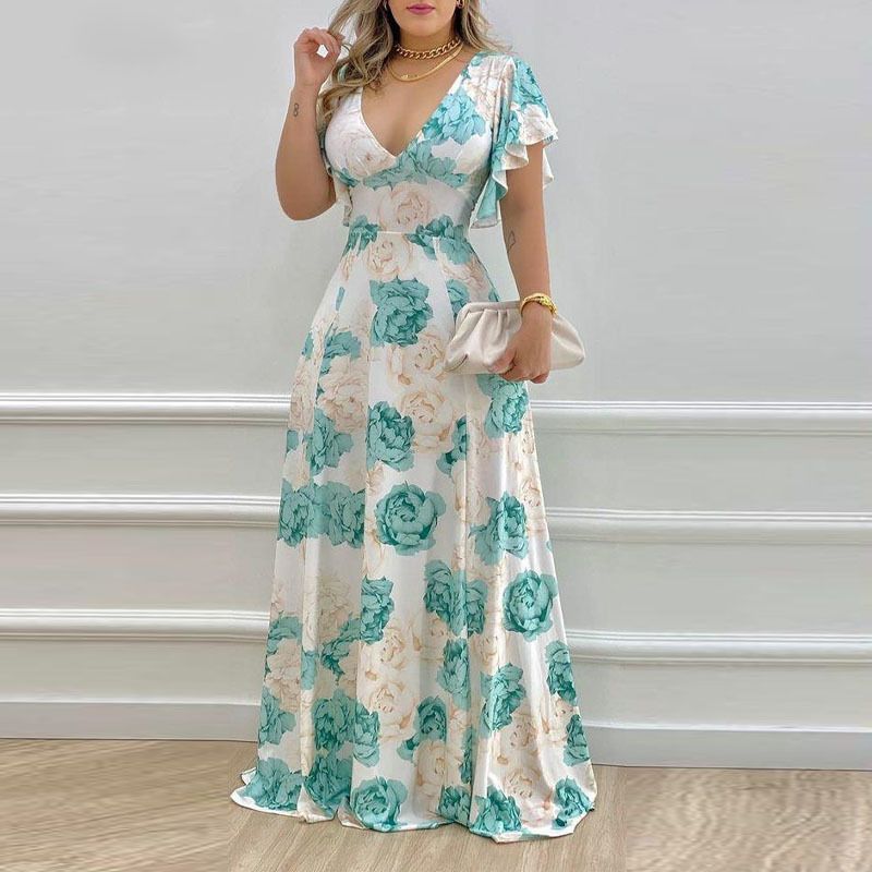 Women's 2023 spring and summer new  V-neck printed long skirt style commuter high waist dress_voghion.com