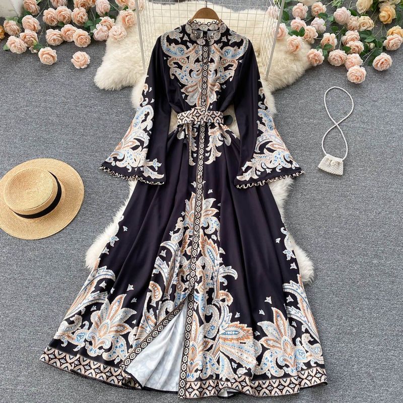 Abito da donna retrò con colletto alto, maniche a tromba, stampato, stile palazzo, gonna ampia e lunga fino al ginocchio_voghion.com