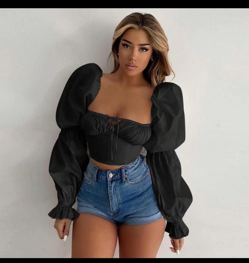 Damenbekleidung, reines weißes langärmeliges, rückenfreies, sexy Taillenhemd, bauchfreies Top_voghion.com