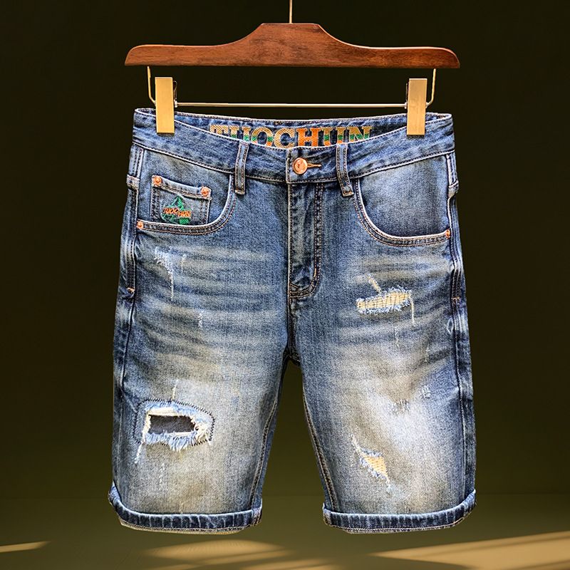 Roupas masculinas, shorts jeans rasgados, modernos, retrô, azul, desgastado, reto, elástico, slim fit, shorts remendados_voghion.com