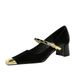 Chunky medium heel light mouth color patchwork square head metal chain line with single shoes_voghion.com