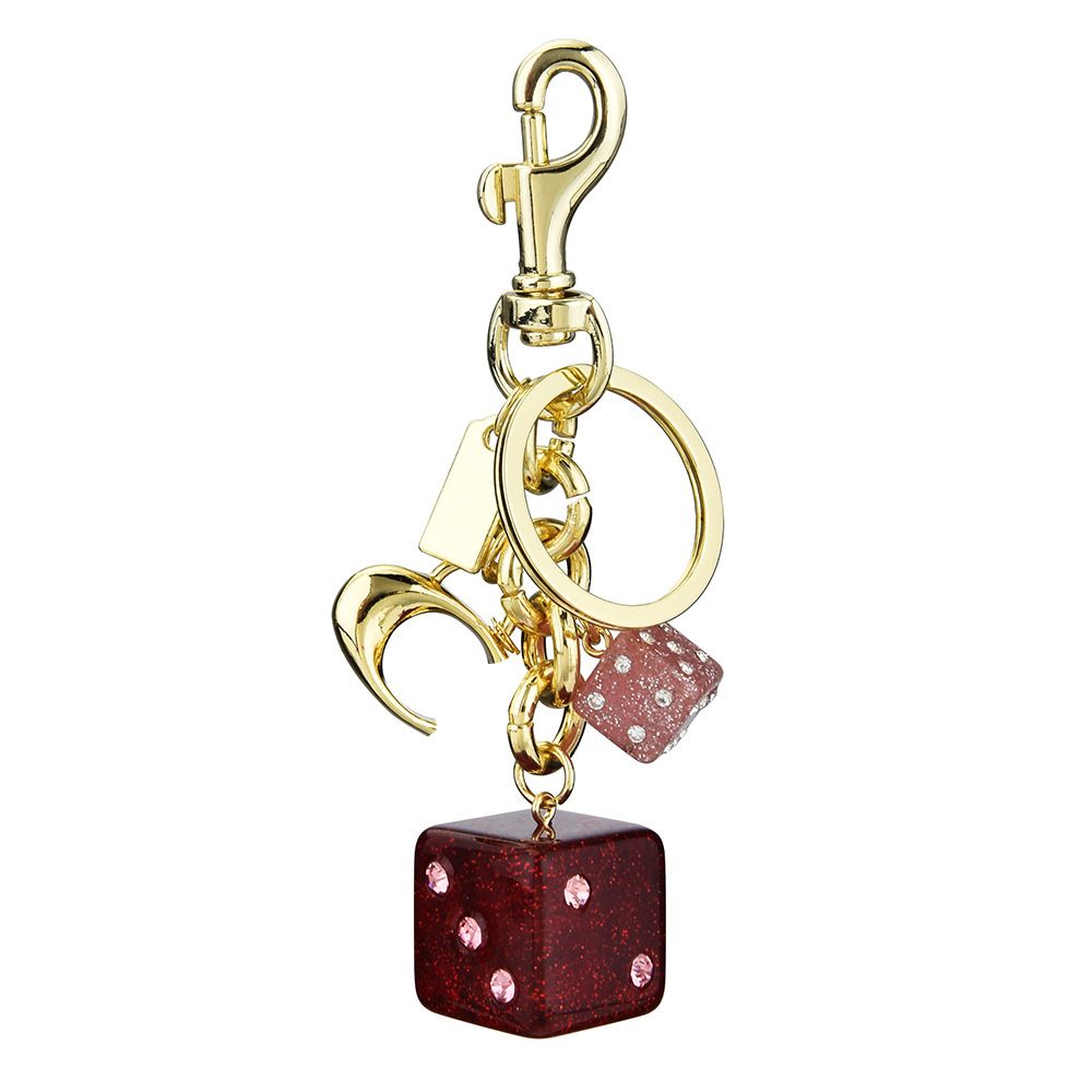 Llavero con colgante de cristal con forma de dado rosa y letras en inglés para bolso de estudiante y dama_voghion.com