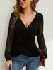 Abbigliamento da donna Elegante camicetta con maniche a lanterna in pizzo francese - Top tunica ampio con scollo a V e incrocio sul davanti per donna_voghion.com