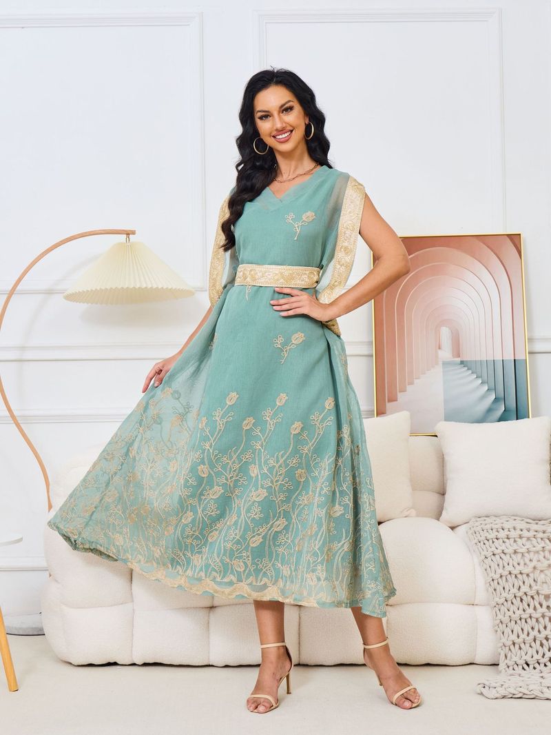 Mt113 Muslim Robe New Embroidered Mesh Large Swing Sleeveless Elegant Dress_voghion.com
