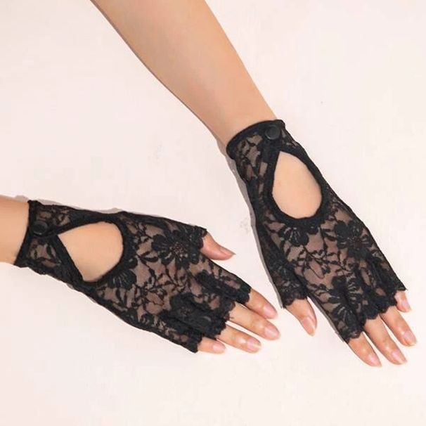 Gants noirs sans doigts pour femmes, style coréen, à revers et lacets, protection solaire d'été polyvalents_voghion.com