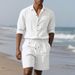 Summer American Style Loose Linen Men's Simple Long Sleeve Shirt Casual Shorts Beach Set_voghion.com