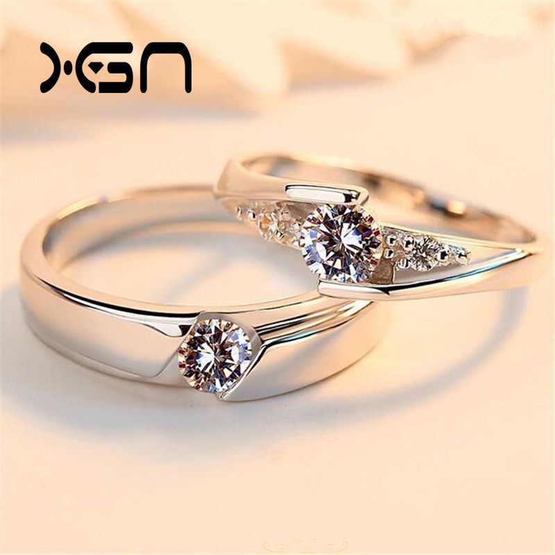 Anelli di nozze New Concept S in argento puro con zirconi aperti regolabili per coppie e diamanti_voghion.com