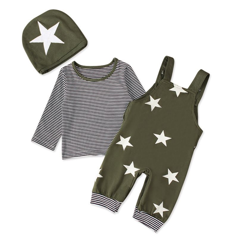 Mutter & Kinder frühling und herbst kinder anzüge jungen sterne hosenträger hosen + lange-ärmeln T-shirt + hut drei-stück kinder kleidung_voghion.com