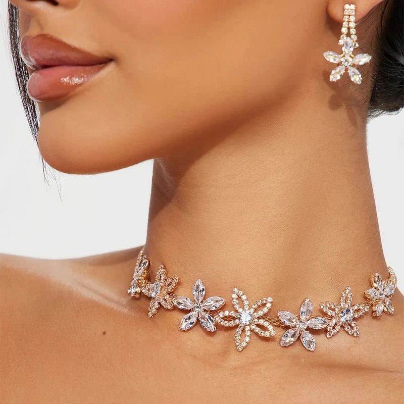 Ensemble de bijoux de mariage en diamants, boucles d'oreilles et collier à fleurs pour banquet européen et américain, ensemble complet de bijoux pour mariée, accessoires_voghion.com