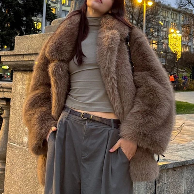 Cappotto invernale caldo in pelliccia sintetica da donna, a maniche lunghe, con revers a lancia, di media lunghezza, in stile pelliccia di volpe, per autunno e inverno._voghion.com