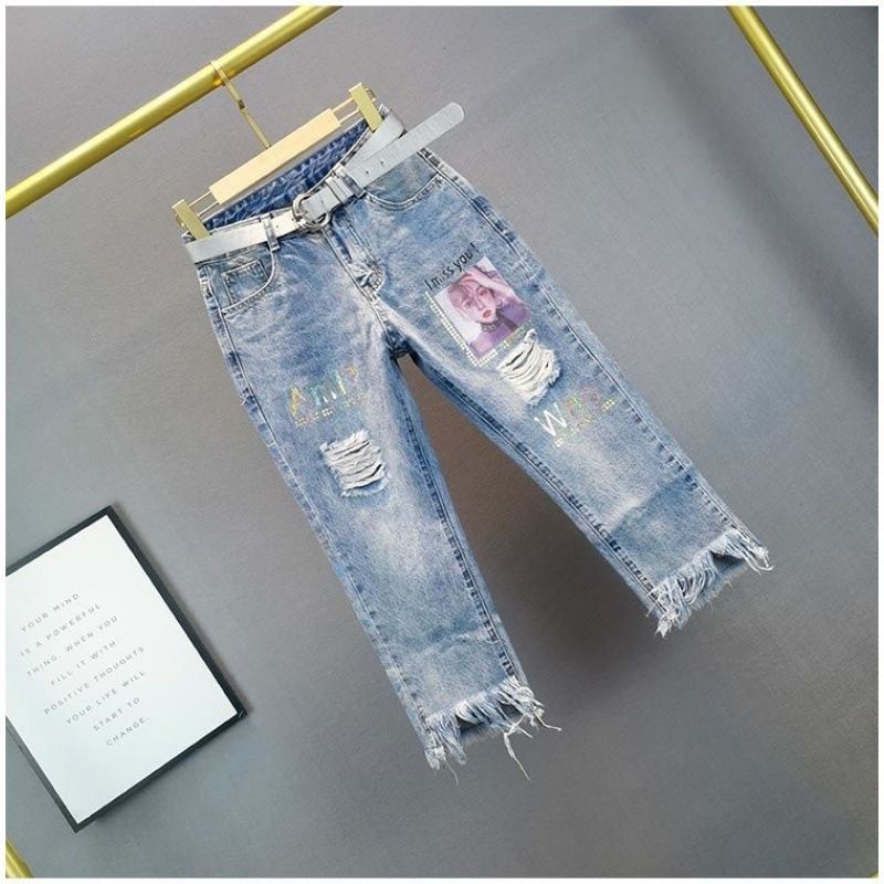 Women's heavy hot diamond beauty pattern nine-point jeans ripped beggar straight nine-point pants_voghion.com