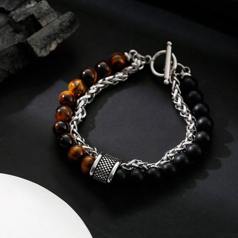 New Matte Map Stone For Men Double Layer Beaded OT Buckle Lucky Bead Titanium Steel Versatile Bracelet Jewelry Trend_voghion.com