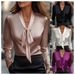 Women's Elegant Satin Lace-Up Blouse – Long Sleeve Solid Color Shirt (Black/White/Pink/Violet, S-XXL)_voghion.com