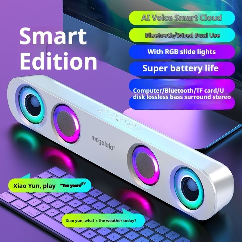 Altavoz Bluetooth inteligente para computadora de escritorio, subwoofer dual de alto volumen, luz ambiental, altavoz pequeño_voghion.com