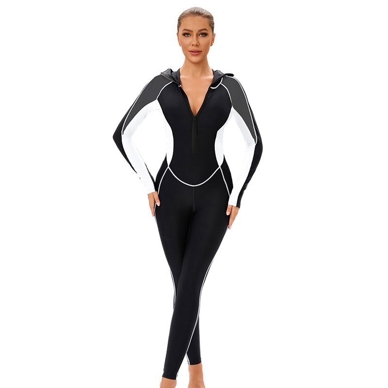 Cross Border New Color Matching One Piece Long Sleeved Sunscreen Women's Swimsuit Middle East Full Coverage Conservative Muslim Trousers Swimsuit_voghion.com