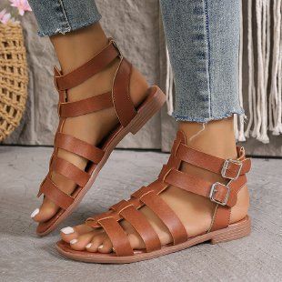 neue einfache, lässige, einfarbige Römersandalen mit offenem Zehenbereich und flachen Sandalen für Damen_voghion.com