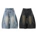 Men's Clothing Retro Loose Silhouette Washed Distressed Cropped Trousers Summer Men And Women Design Wide Leg Jeans_voghion.com