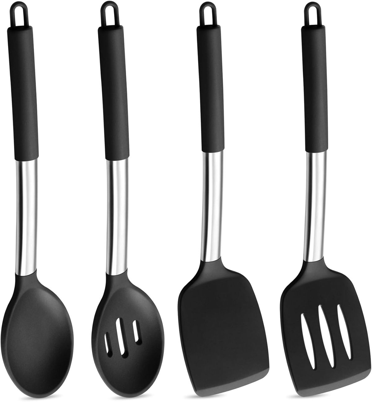 Black Kitchen Cooking Utensils 4-Piece Set, Silicone Solid Spatula Slotted Spoon Shovel For Non-Stick Cookware_voghion.com