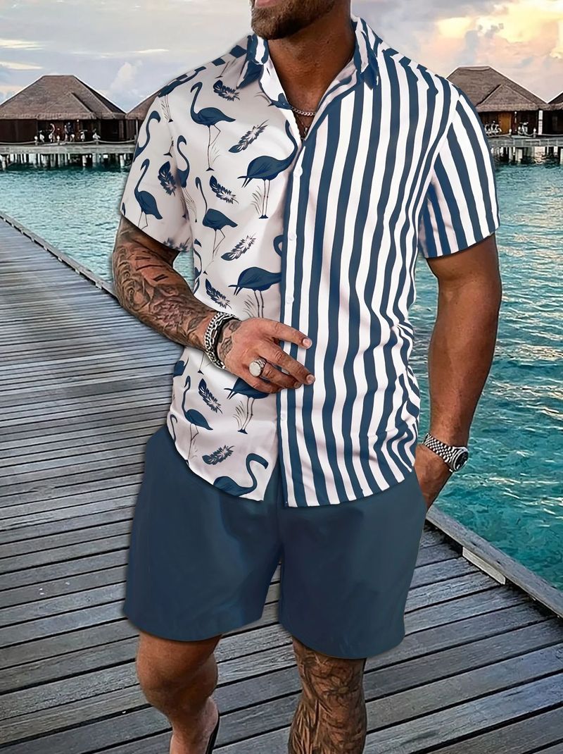 Herrenbekleidung 2025 Grenzüberschreitender Sommer Neue Straßenmode Schwarz-weiß gestreifter Hawaii-Strandanzug für Männer_voghion.com