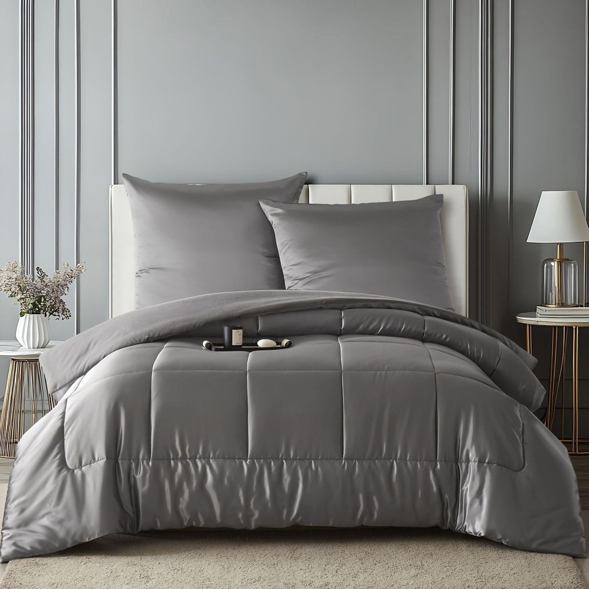 Satin Brushed Duvet Cover Set - 3-Piece Heavy Warm Bedding With Hypoallergenic Polyester, Deep Gray (200x230cm, Queen/King Size Options)_voghion.com