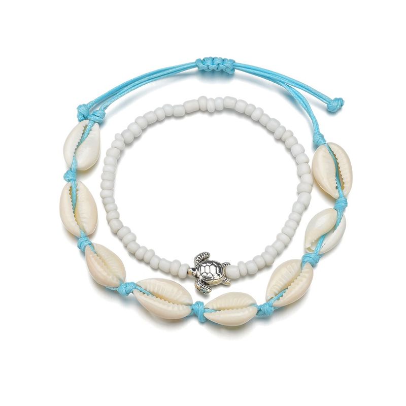 Creative Beach Sea Turtle Shell Bead Push-Pull Anklet 2-Piece Set_voghion.com