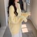 girl Cream Yellow Mink Velvet V-Neck Sweater Women, Loose Gentle Lazy Style Pullover Knitwear For Autumn And Winter, Thick_voghion.com