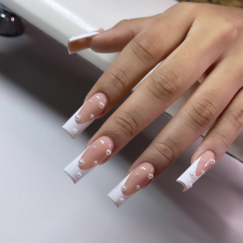 Hoofd 24 stuks vierkante nagels set lange Franse kunstnagels met witte parel eenvoudige volledige dekking druk op nagels afgewerkt_voghion.com
