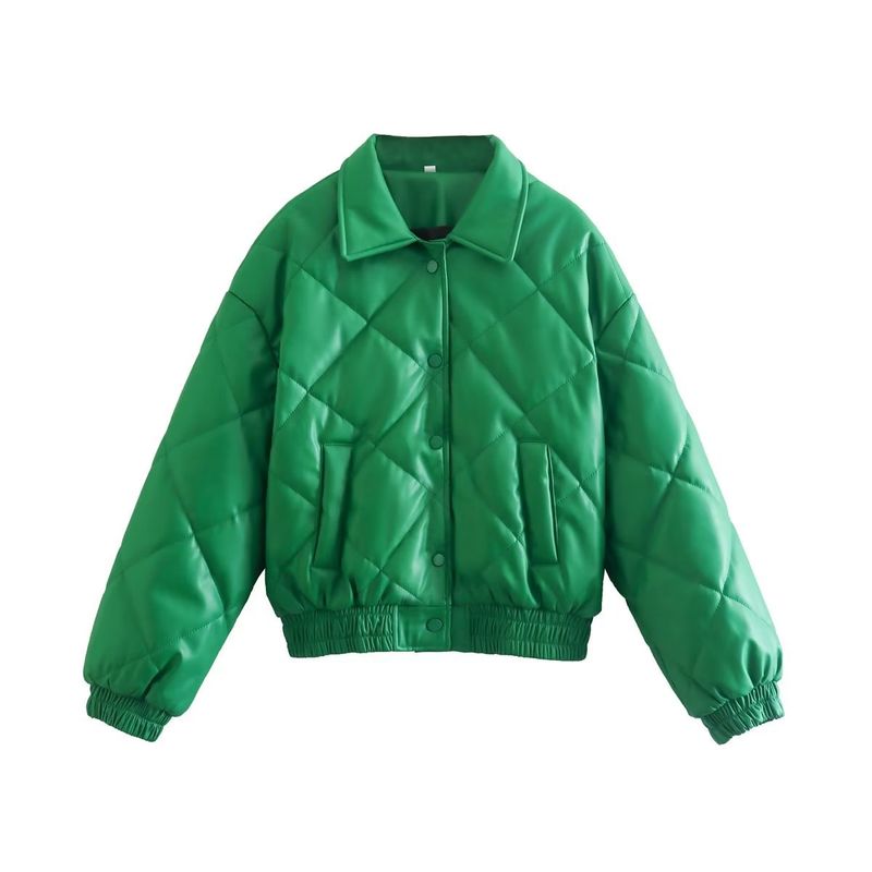 Women's Clothing Autumn New Arrival Style Green Pu Leather Cotton Coat Short Coat Jacket Top_voghion.com