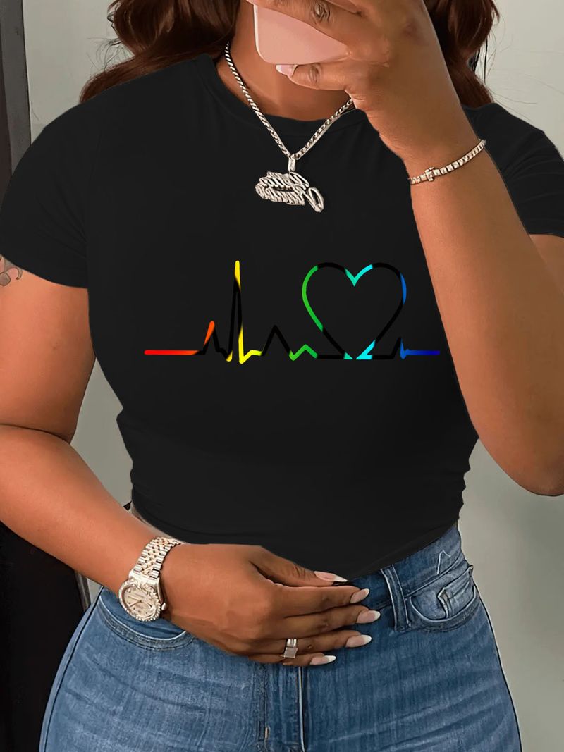 Bedrucktes, lockeres, kurzärmliges T-Shirt für Damen in großen Größen_voghion.com