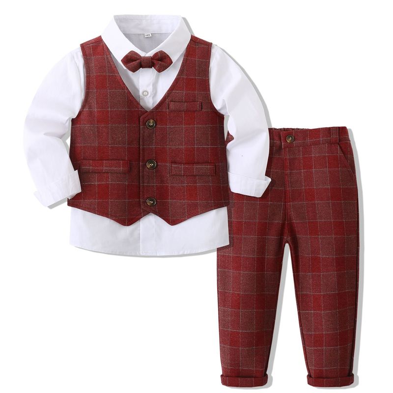 Children's gentleman's vest suit, boy's plaid suit, banquet dress, British style party flower girl costume_voghion.com
